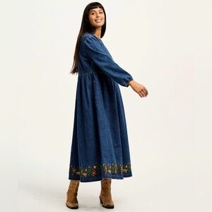 Lucy and Yak Blue Denim Maxi Dress with Floral Embroidery